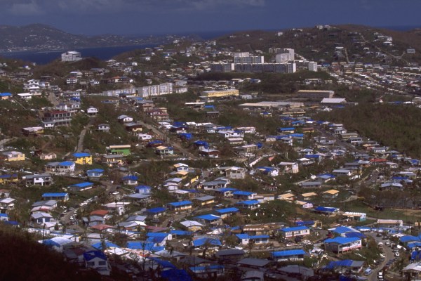 [blue tarps after Hurrican Marilyn, St Thomas, 1995]